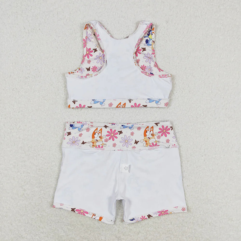 Baby Girls Blue Dog Flowers Crop Tops Shorts Clothes Set
