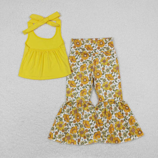 Baby Girls Mustard Halter Top Shirt Flowers Bell Bottom Pants Clothes Sets