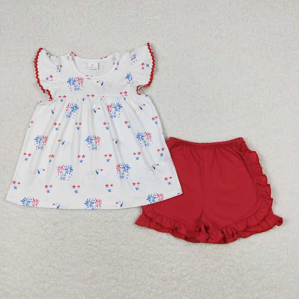 GSSO0797 Baby Girls 4th Of July Fireworks Tunic Top Ruffle Shorts Outfits Clothes Sets