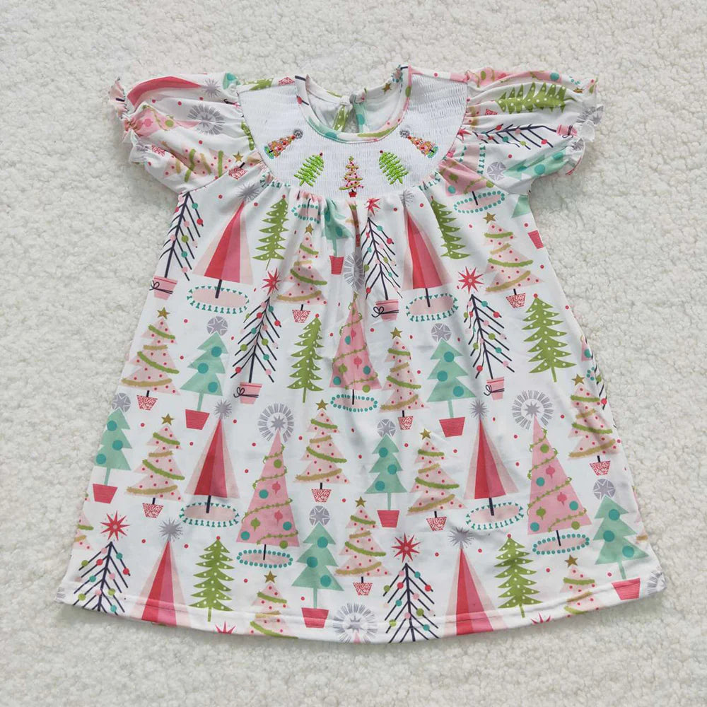 Baby Girls Christmas Tree Smocked Pink Dresses