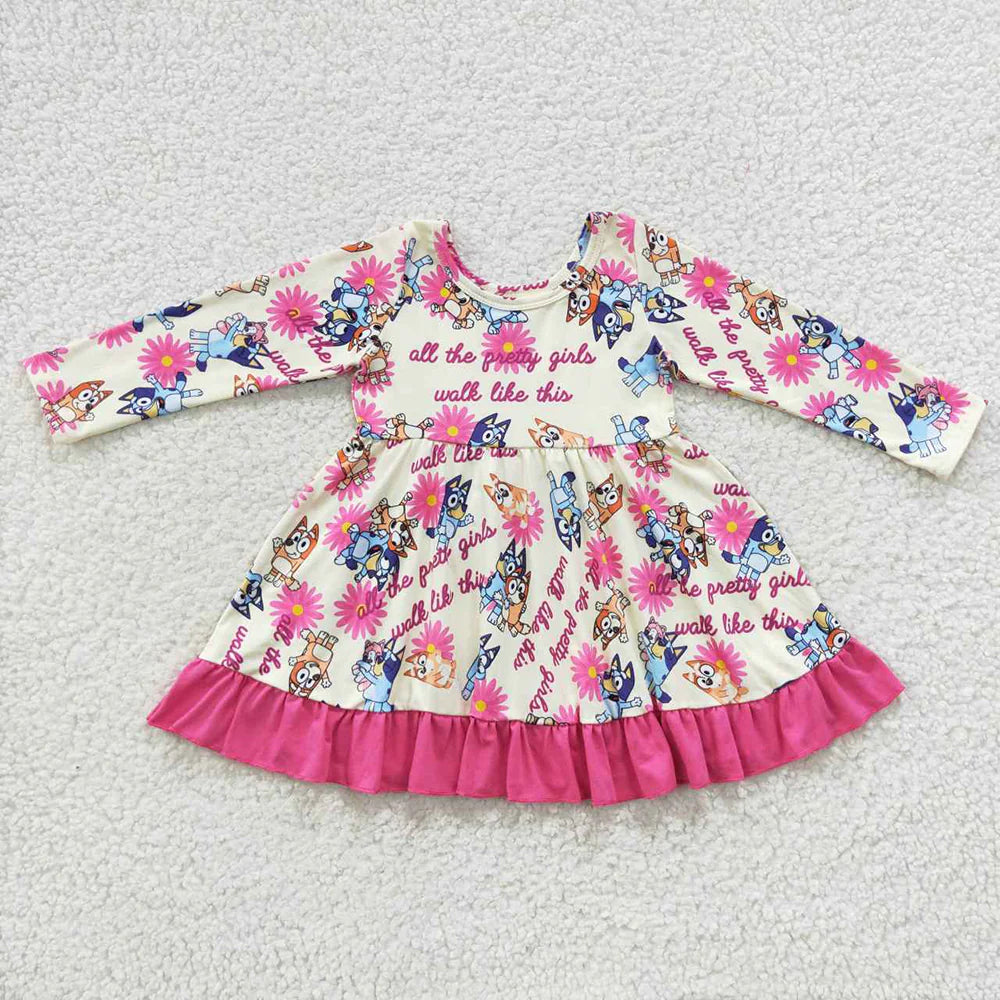 Baby Girls Dogs Flowers Ruffle Knee Length Dresses