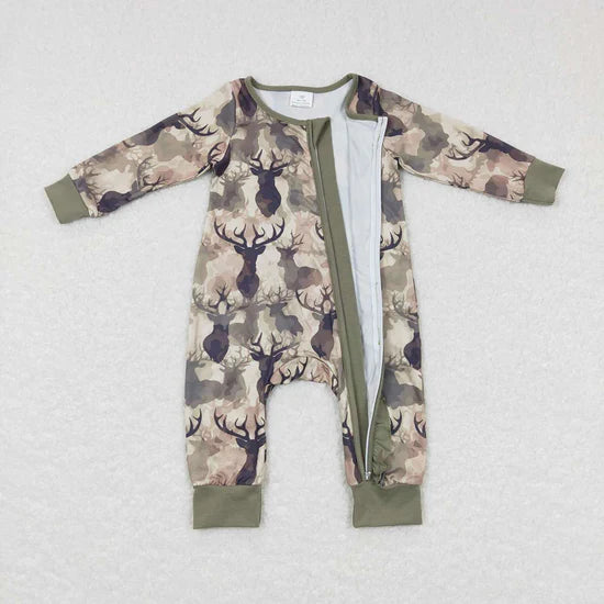 Baby Girls Camo Deer Ruffle Zip Long Sleeve Rompers