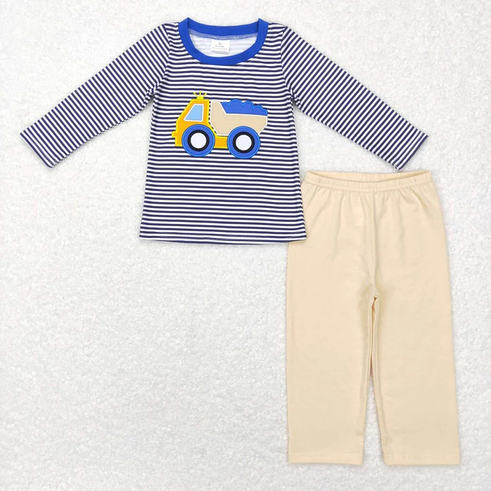 Baby Boys Construction Navy Striped Long Sleeve Top Pants Outfit