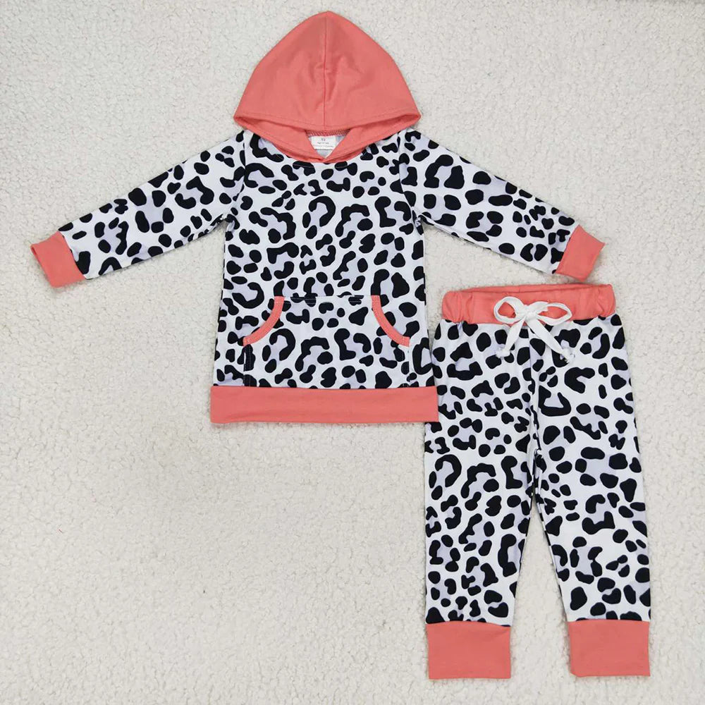 Baby Girls Pink Hooded Long Sleeve Tops Leopard Pants Clothes Sets)