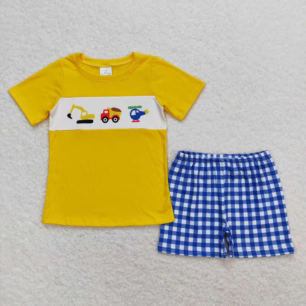 BSSO0574 Baby Boys Constructions Yellow Short Sleeve Top+Gingham Shorts Outfit