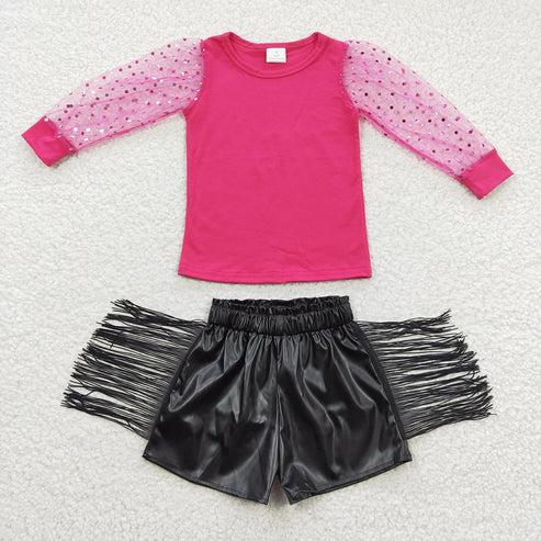 Baby Girls Hot Pink Long Sleeve Top Tassel Leather Shorts Outfit