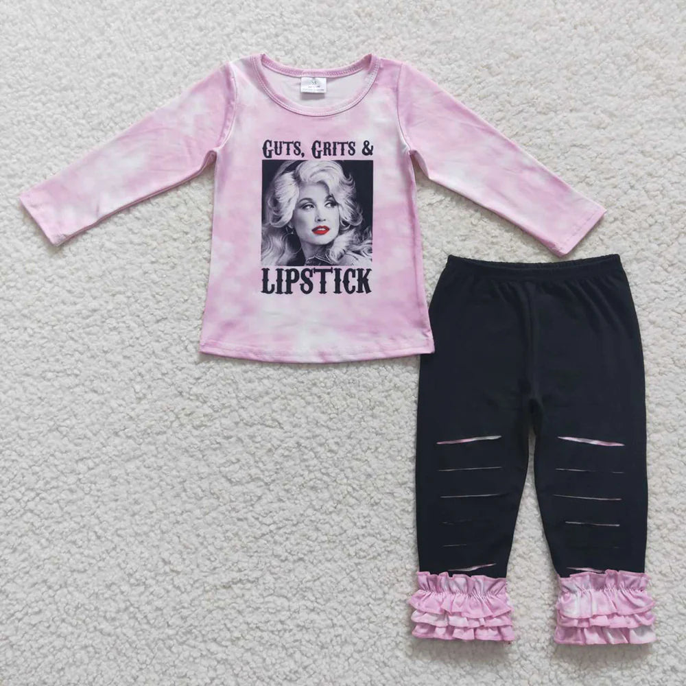 Baby Girls Pink Singer Top Black Distressed Pants Clothing Sets
