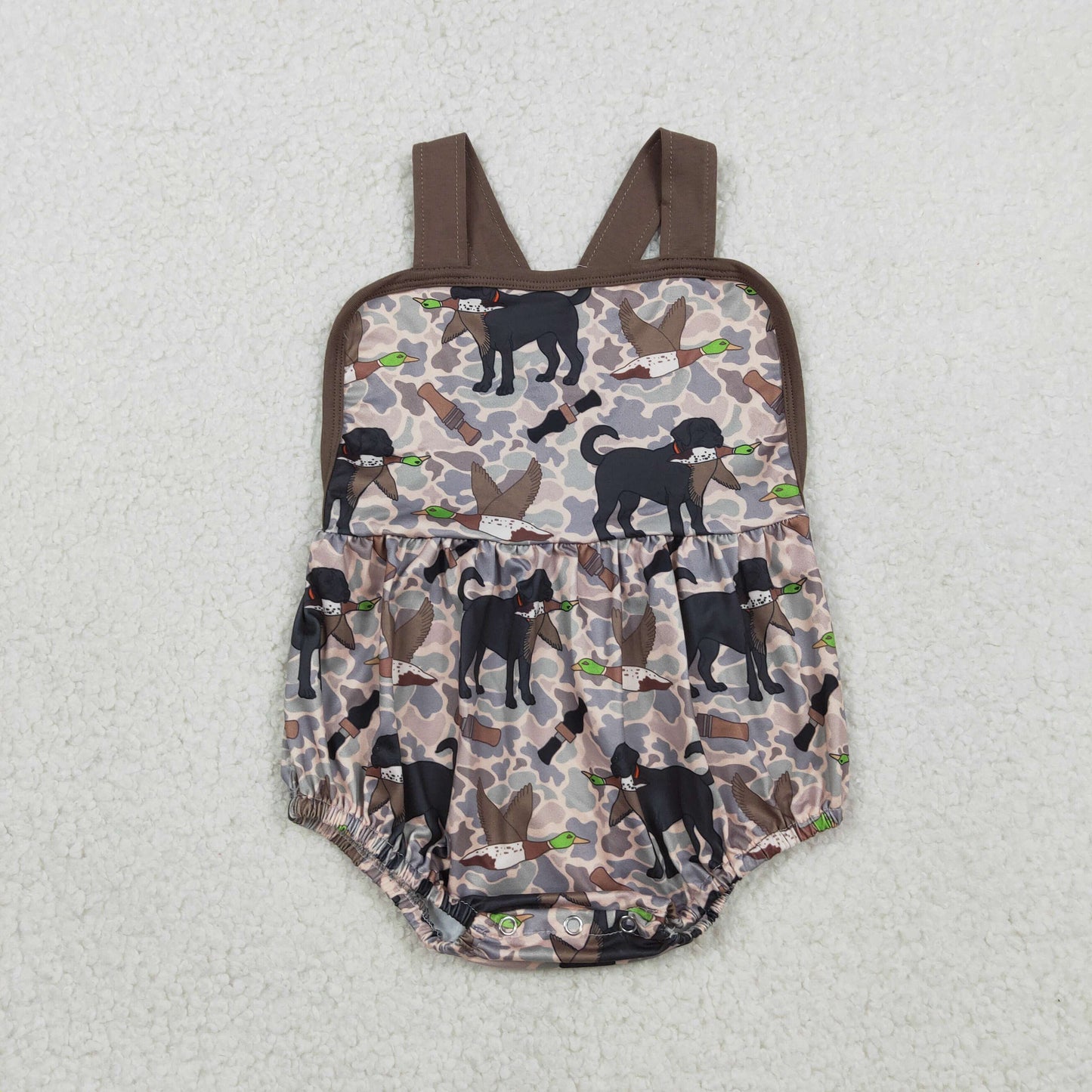 Sibling Baby Boys Brown Top Dog Ducks Camo Pockets Short Hunting Clothes Set Rompers