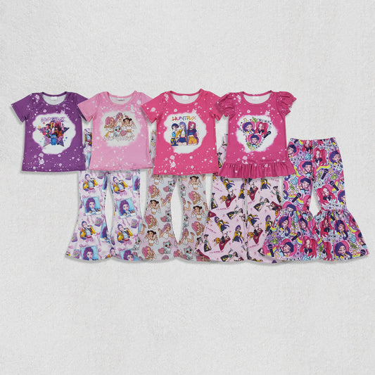 Sibling Baby Girls Short Sleeve Cartoon Demon Hunter Top Bell Bottom Pants Outfit