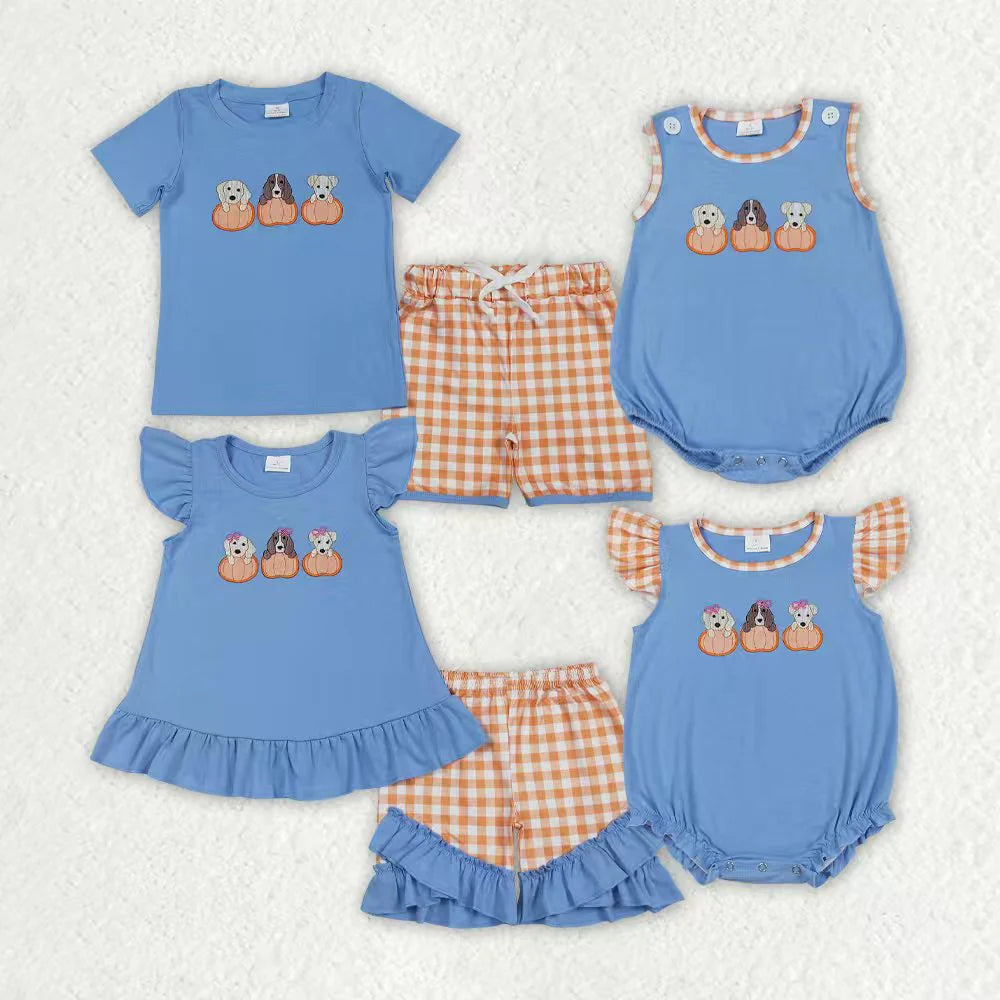 Sibling Baby Boys Girls Embroidery Pumpkins Dogs Shorts Clothes Sets Rompers