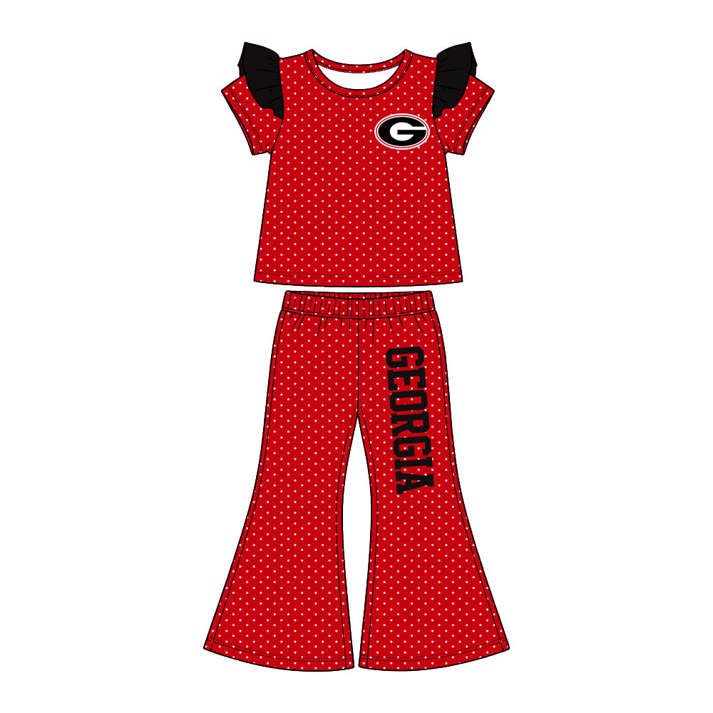 (Custom Design Preorder MOQ 5 Each)Teams Logo Dots Print Short Sleeve Top Bell Pants Girls Clothes Set Sisters Wear