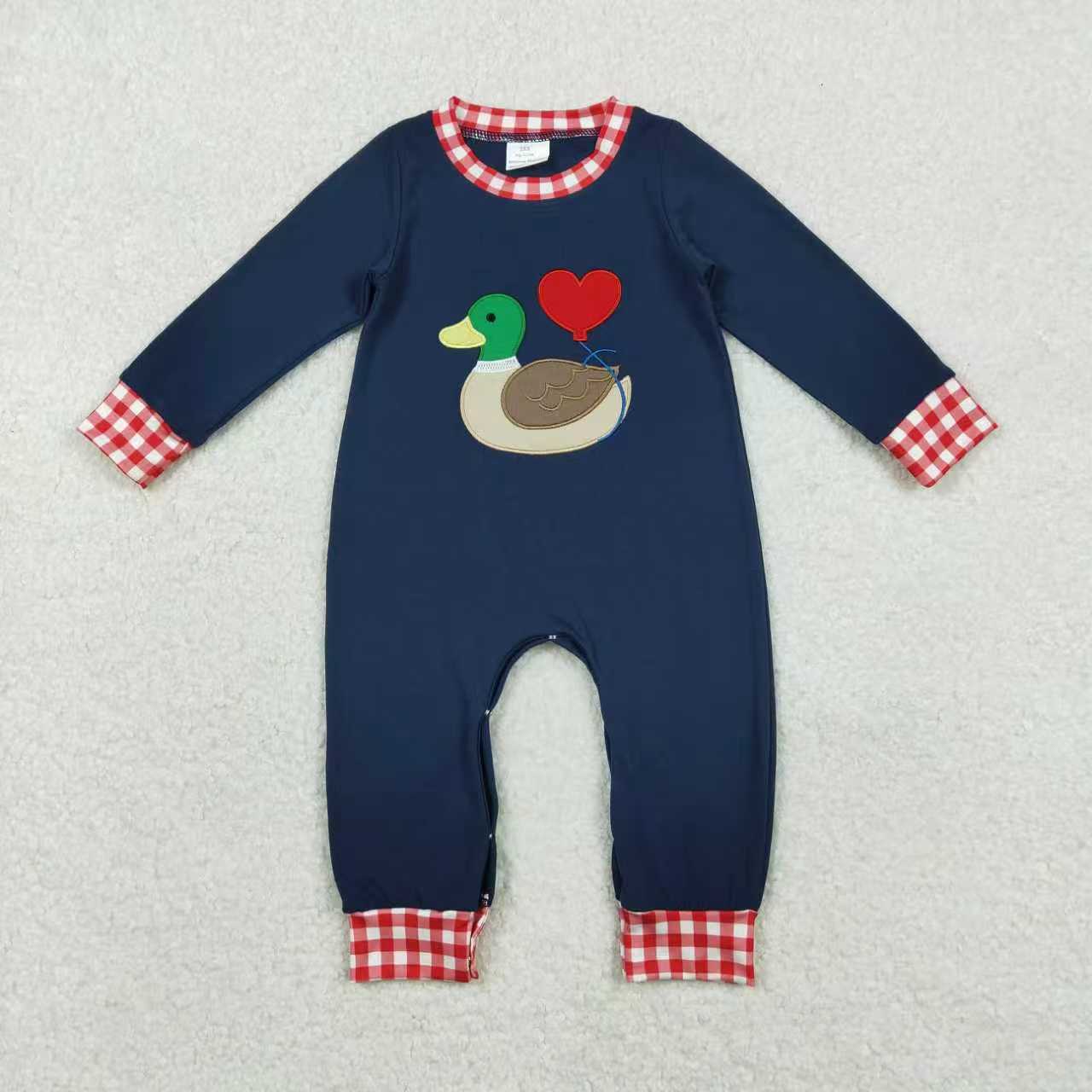 Sibling Baby Girls Boys Embroidery Duck Heart Navy Top Red Gingham Pants Set Footie Romper