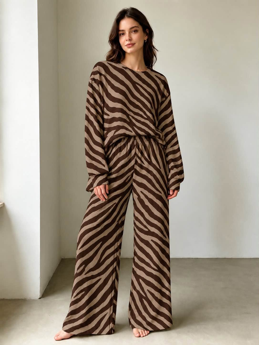 Preorder (5 MOQ) Brown Zebra Striped Long Sleeve Top Logo Pockets Pants Girls & Woman Clothes Set