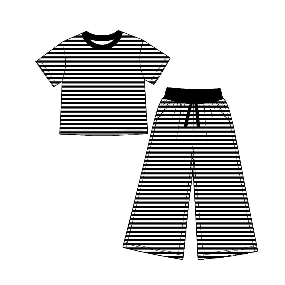 (Custom Design Preorder MOQ 5)Kids Girls Black Striped Short Sleeve Top Pants Outfit