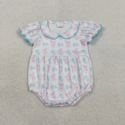 Baby Girls Short Sleeve Bows Rabbits Easter Collar Ruffle Rompers