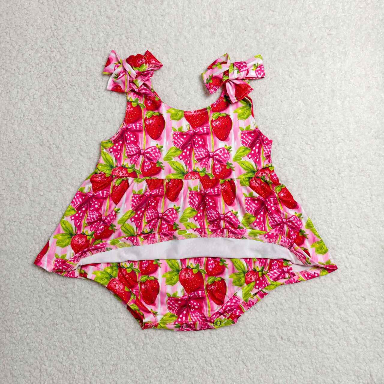 SR4134 Strawberry Bows Print Baby Girls Summer Strap Skirts Romper