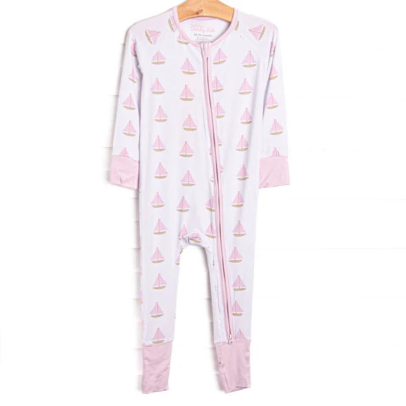 (Custom Design Preorder MOQ 5 ) Sailboat Pink Print Baby Girls Fall Zipper Sleeper Romper