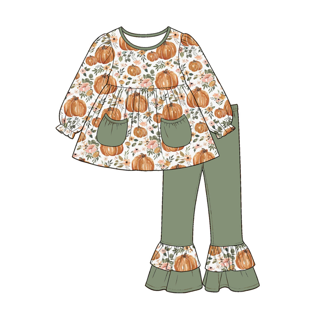 (Custom Design Preorder MOQ 5) Pumpkin Flowers Pockets Tunic Top Green Ruffle Pants Girls Fall Clothes Set