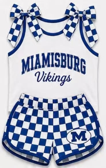 (Custom Design Preorder MOQ 5) Girls  Miamisburg  Bow Strap Tank & Blue Checked Shorts Sport Team Outfit