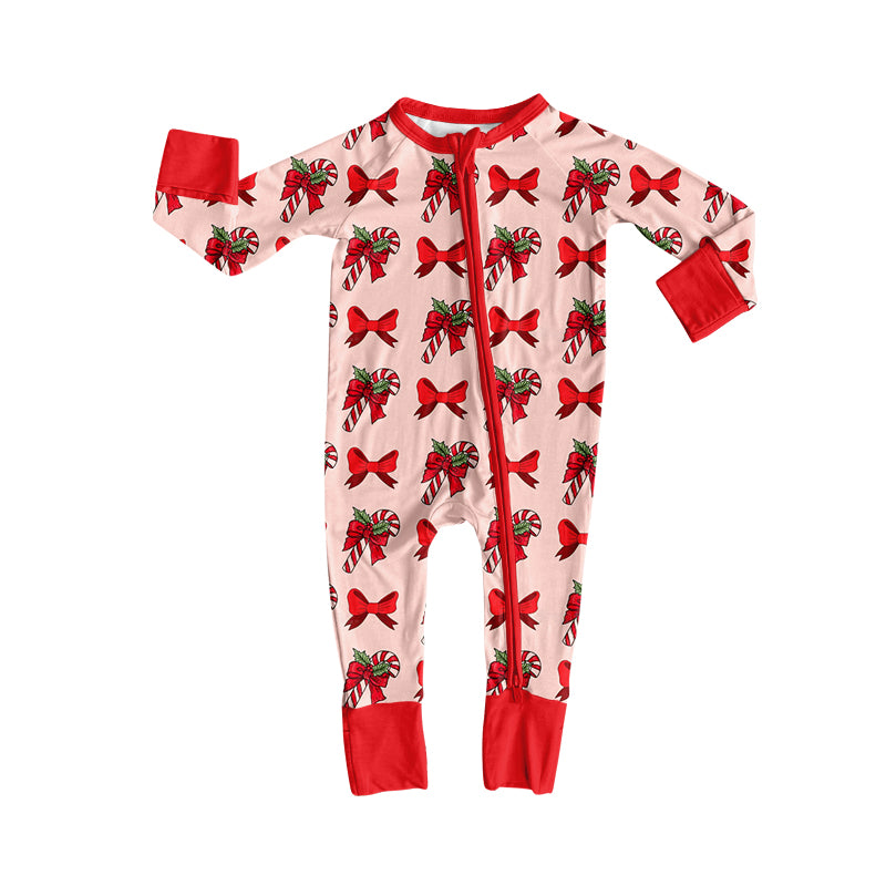 (Custom Design Preorder MOQ 5 ) Candy Cane Holly Bows Print Baby Girls Christmas Zipper Sleeper Romper