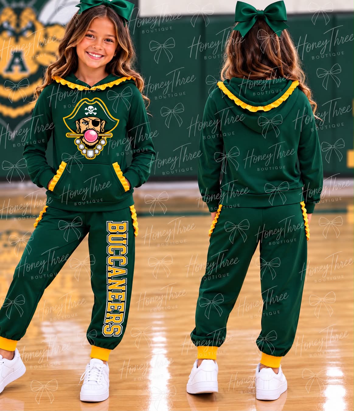 (Custom Design Preorder MOQ 5) Teams BUCCANEERS Print Green With Yellow Ruffles Hoodie Top Pockets Joggers Pants Woman Yoga Clothes Set