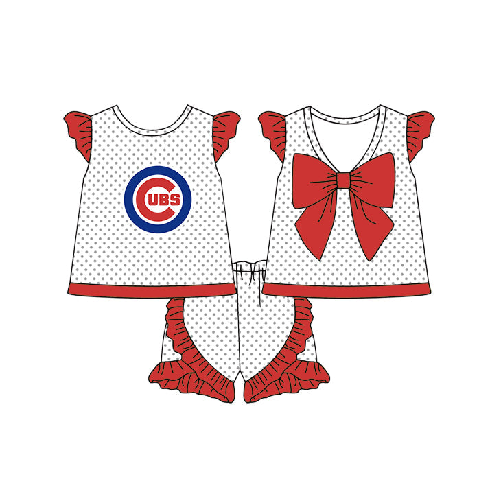 Preorder (moq 5)Baby Girls Cubs Polka Dots Back Bow Tunic Ruffle Shorts Team Clothes Sets