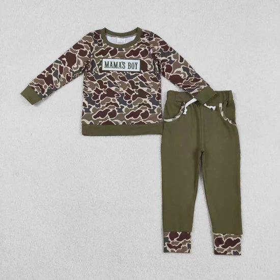 Sibling Baby Boys Embroidery Mama's Boy Dark Khaki Camo Pockets Pant Clothes Sets Hoodie Romper