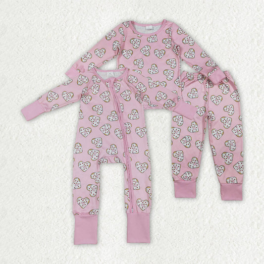 Sibling Baby Girls Hearts Donuts Top Pants Valentines Pajamas Set Zipper Rompers