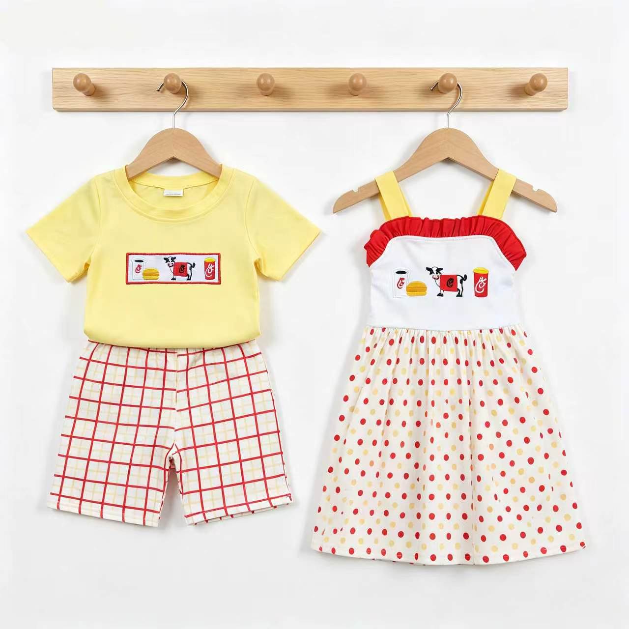 Sibling Baby Boys Girls  Embroidery Cow Top with Gingham Shors Outfit+Dress