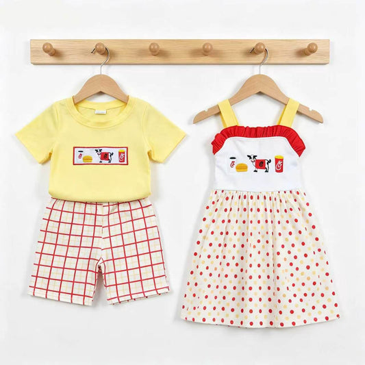Sibling Baby Boys Girls  Embroidery Cow Top with Gingham Shors Outfit+Dress