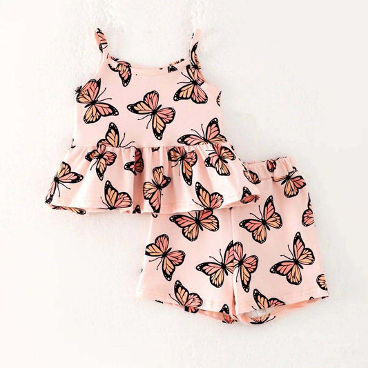 (Custom Design Preorder MOQ 5) Butterfly Pink Print Girls Summer Outfits