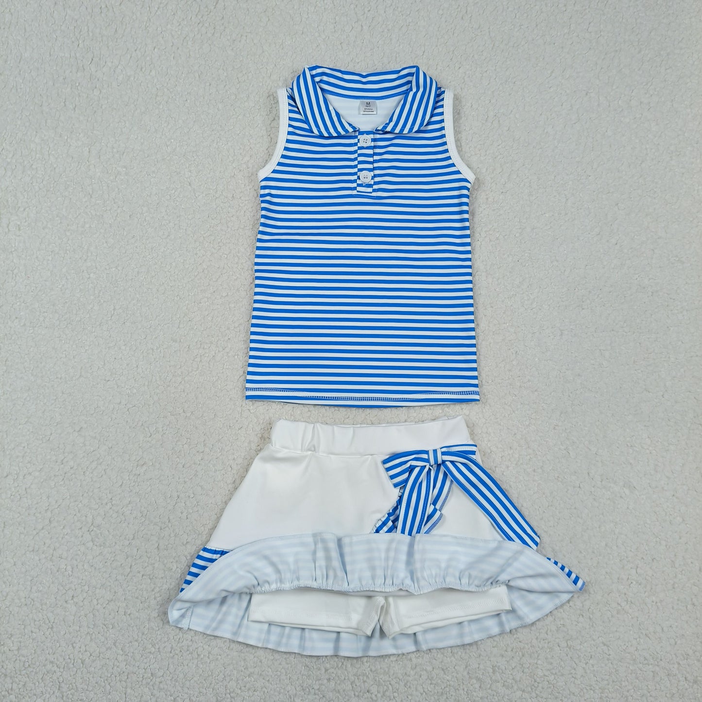 Blue Stripes Button Polo Top Ruffle Skirts Shorts Girls Summer Yoga Clothes Set