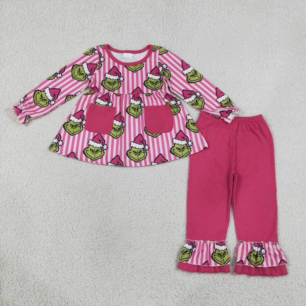 Green Frog Hot Pink Stripes Tunic Top Ruffle Pants Girls Christmas Clothes Set