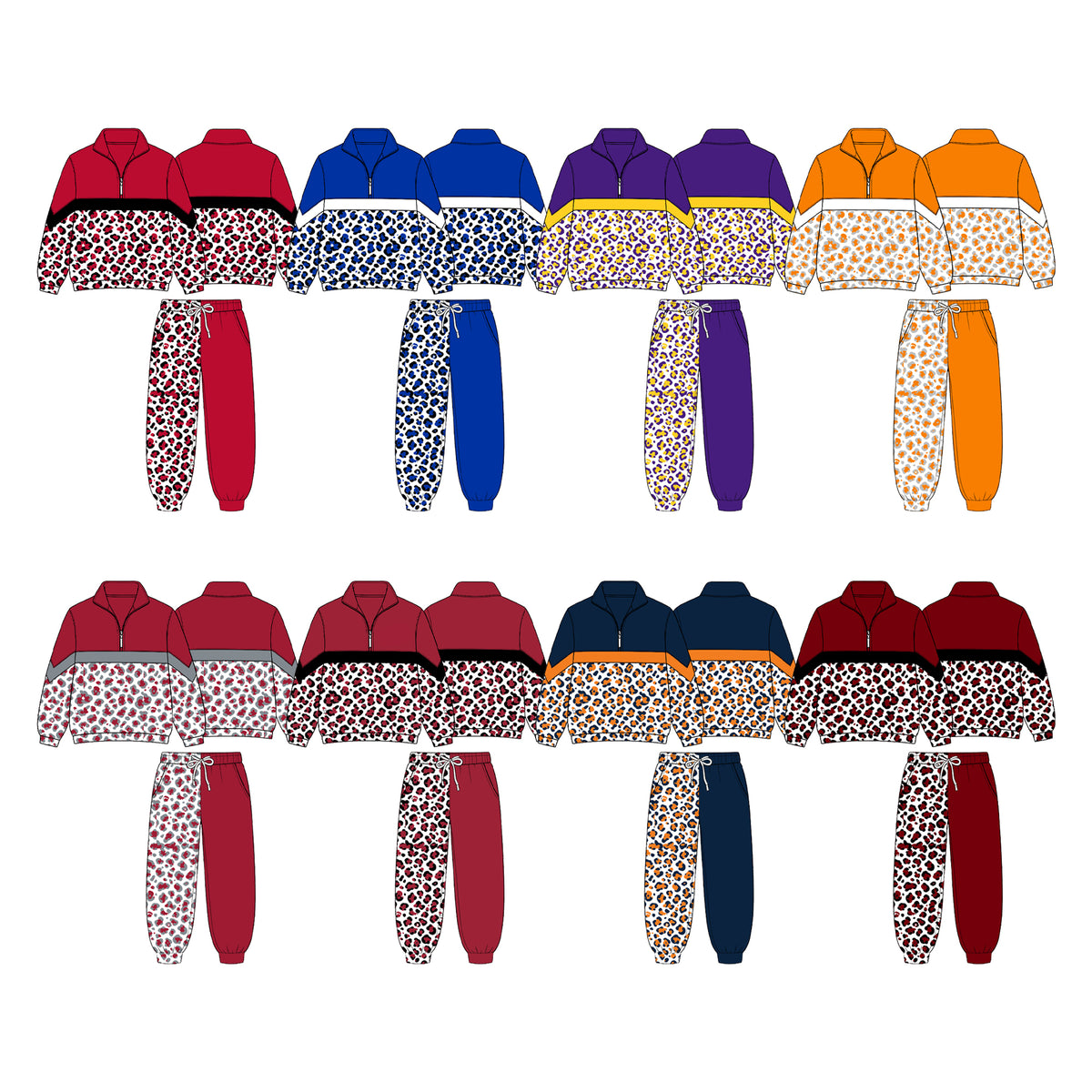 (Custom Design Preorder MOQ 5 Each)Teams Leopard Print Long Sleeve Zipper Top Split Pants Girls Clothes Set Sisters Wear