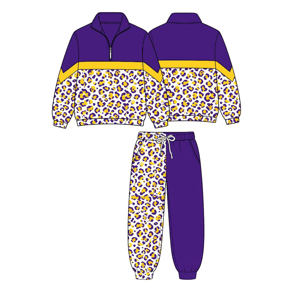 (Custom Design Preorder MOQ 5 Each)Teams Leopard Print Long Sleeve Zipper Top Split Pants Girls Clothes Set Sisters Wear