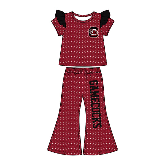 (Custom Design Preorder MOQ 5) Teams GAMECOCKS Dots Top Bell Pants Girls Clothes Set