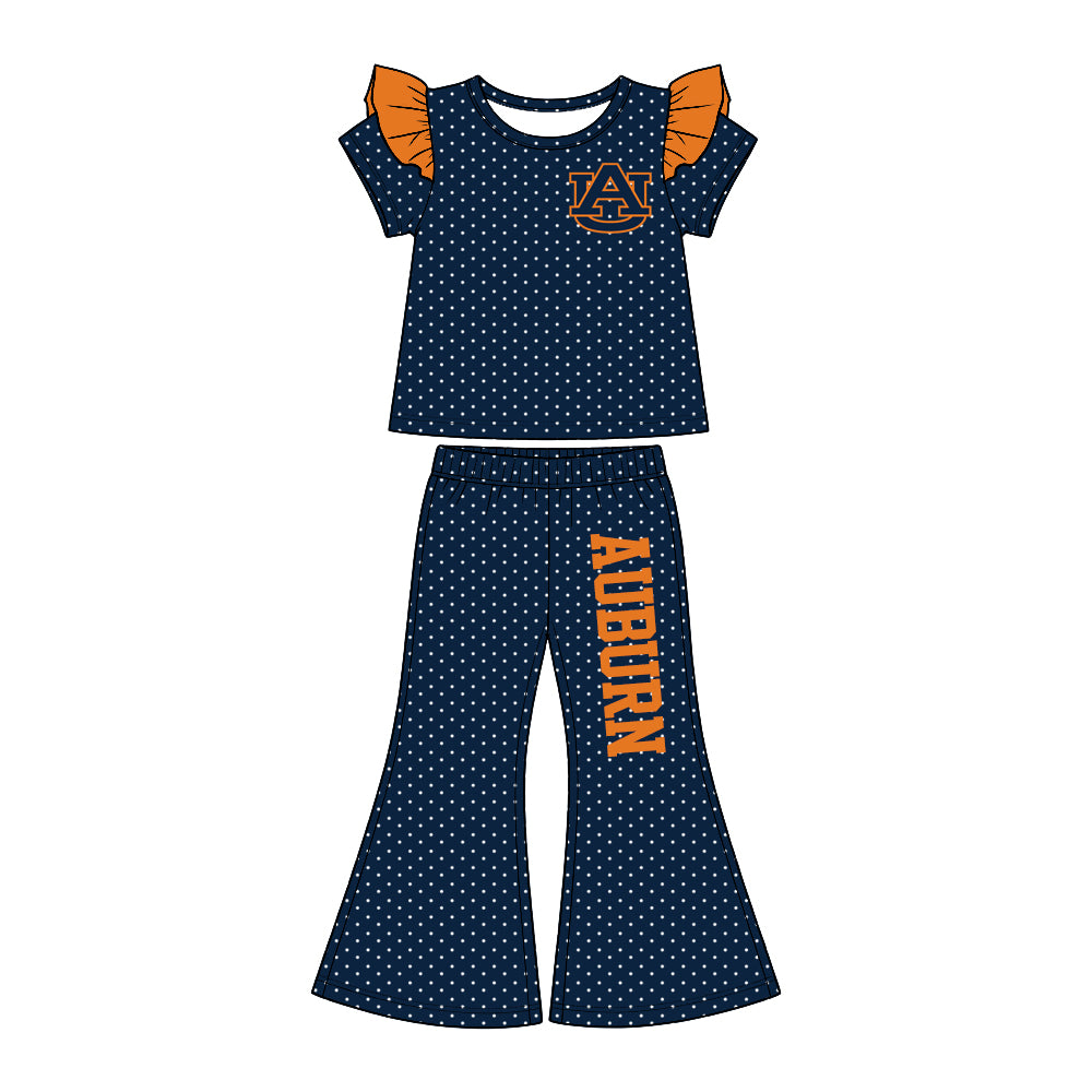 (Custom Design Preorder MOQ 5) Teams AUBURN Dots Top Bell Pants Girls Clothes Set