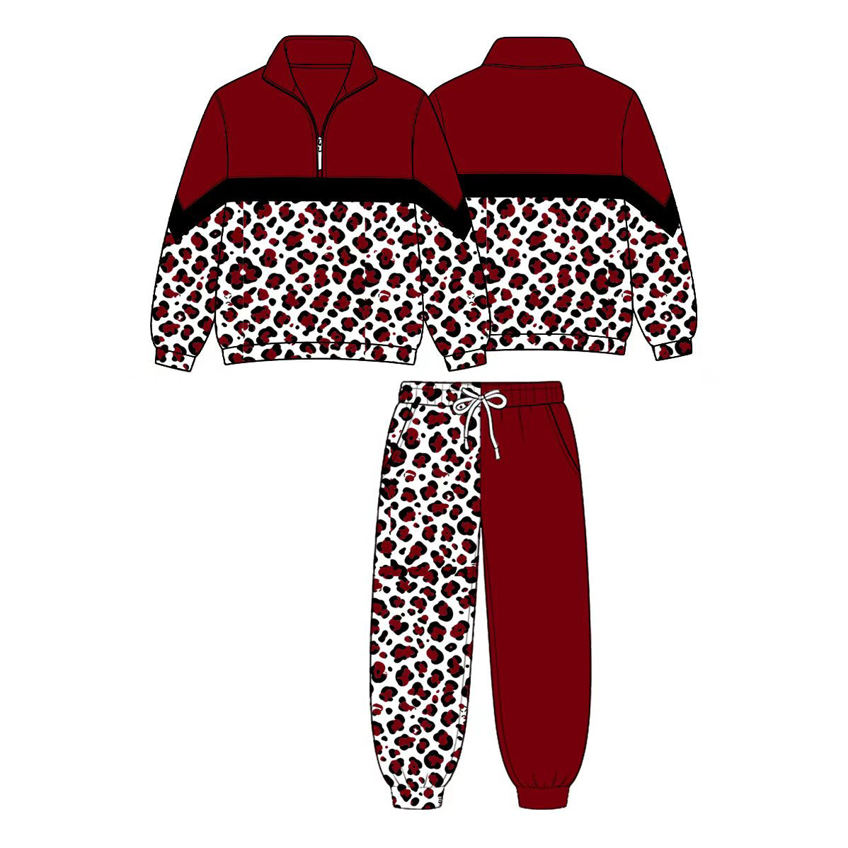 (Custom Design Preorder MOQ 5 Each)Teams Leopard Print Long Sleeve Zipper Top Split Pants Girls Clothes Set Sisters Wear