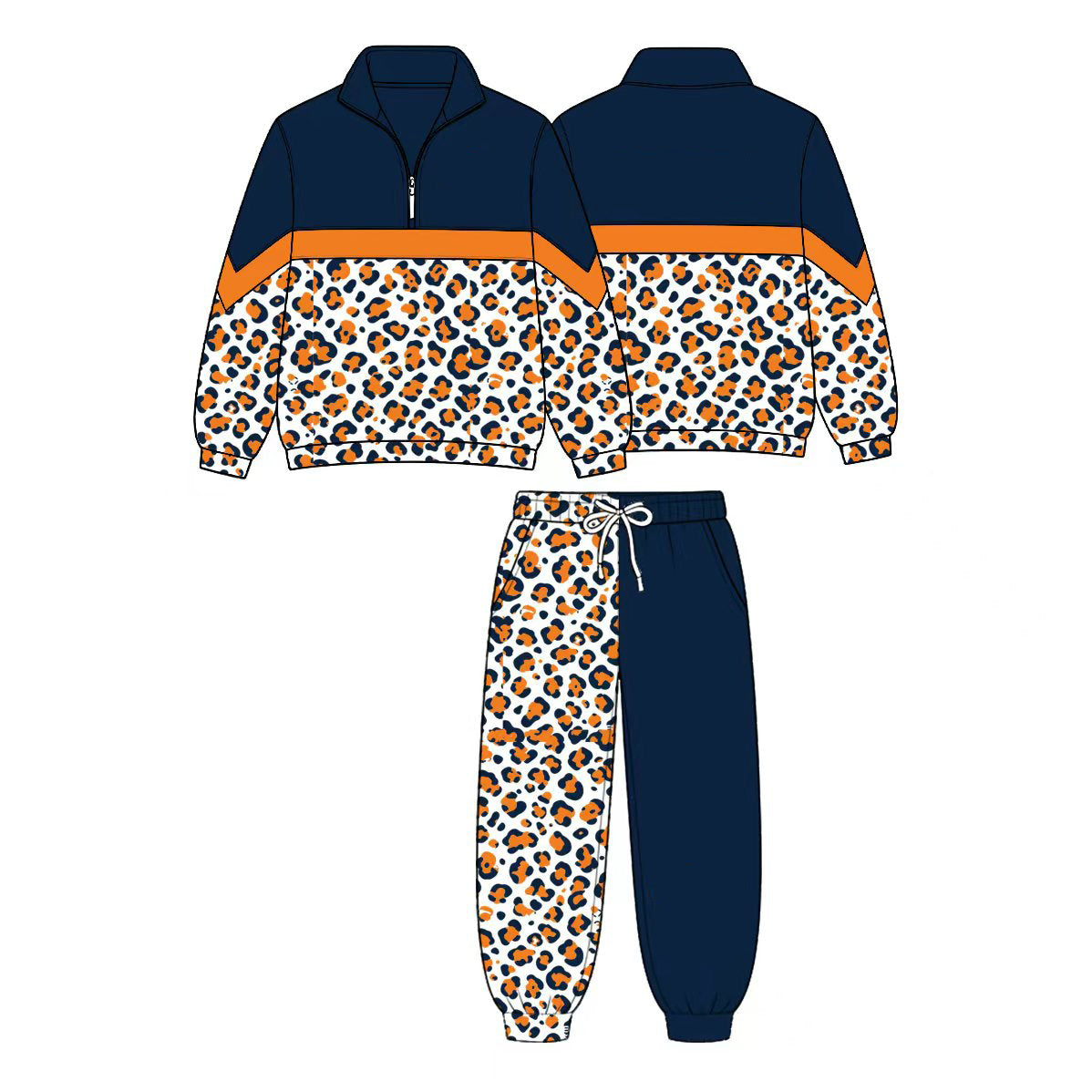 (Custom Design Preorder MOQ 5 Each)Teams Leopard Print Long Sleeve Zipper Top Split Pants Girls Clothes Set Sisters Wear