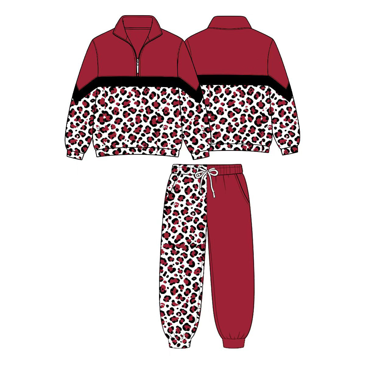 (Custom Design Preorder MOQ 5 Each)Teams Leopard Print Long Sleeve Zipper Top Split Pants Girls Clothes Set Sisters Wear