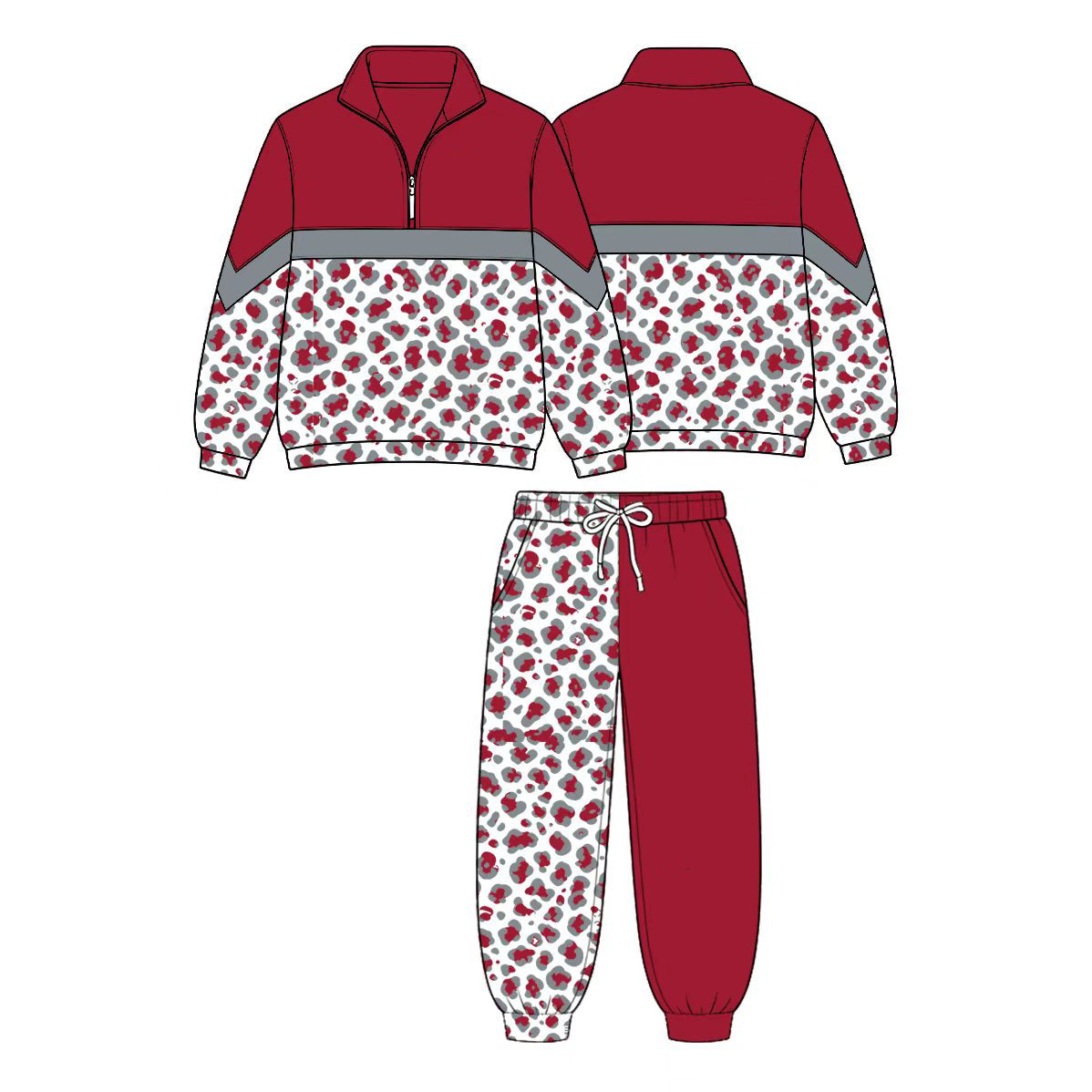 (Custom Design Preorder MOQ 5 Each)Teams Leopard Print Long Sleeve Zipper Top Split Pants Girls Clothes Set Sisters Wear