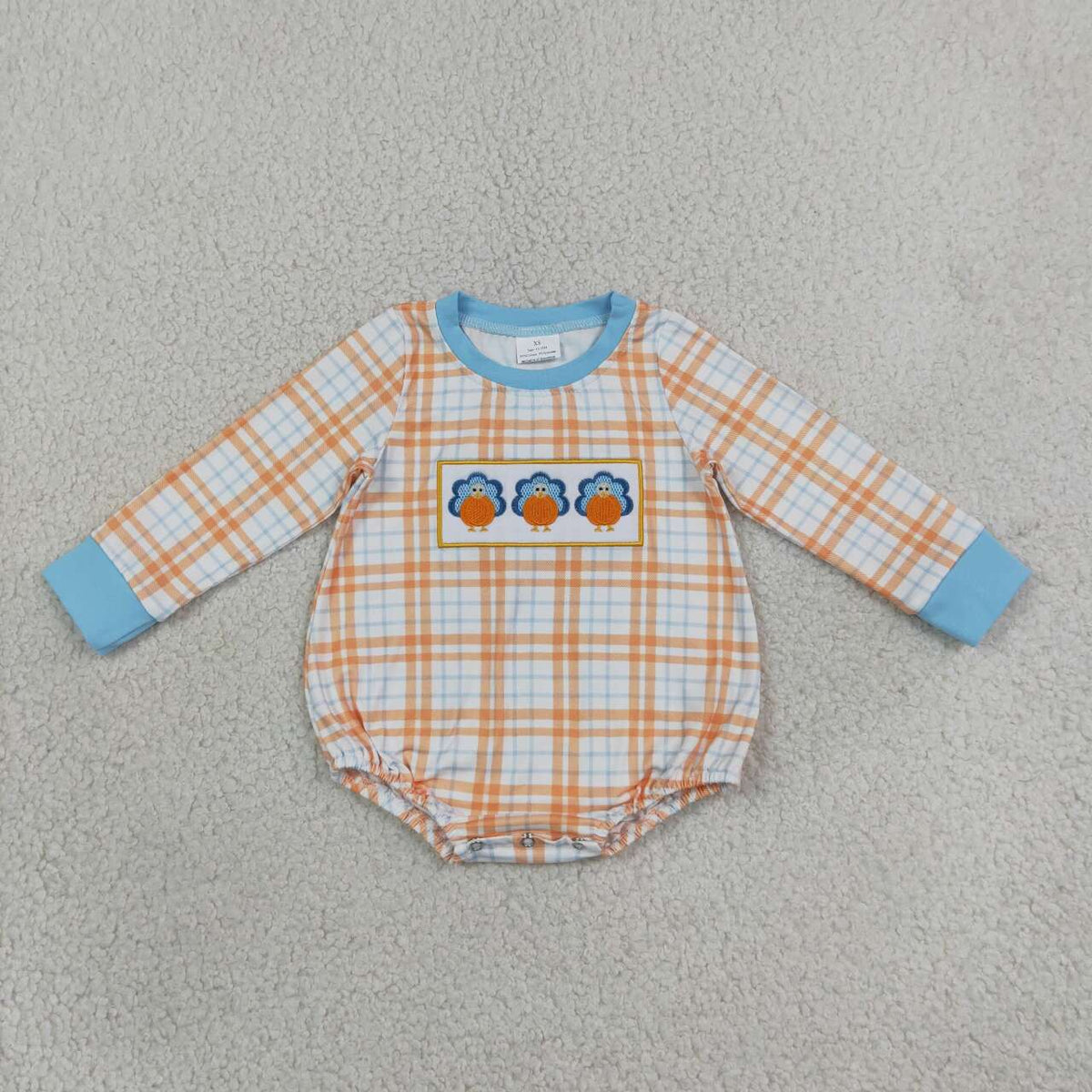 LR3138 Pumpkin Turkey Orange Checkerd Print Baby Boys Thanksgiving Romper