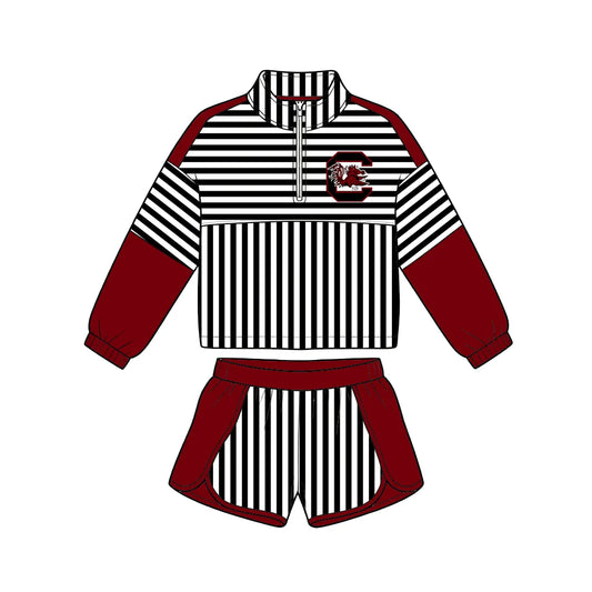 (Custom Design Preorder MOQ 5) Baby Girls Black Stripe Gamecocks Zip Pullovers Short Team Clothes Set
