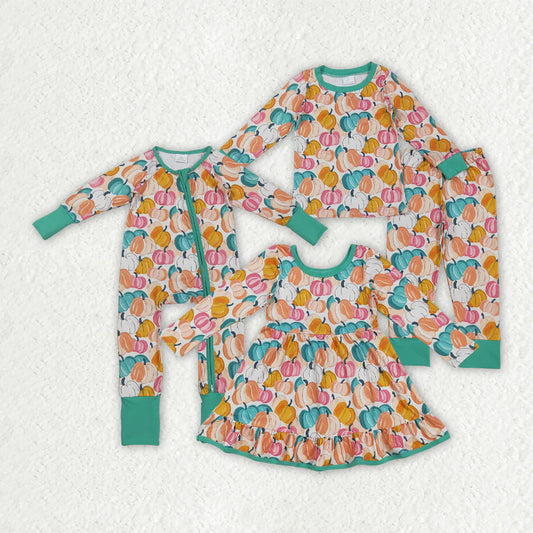 Sibling Baby Girls Green Orange Pumpkins Fall Pajamas Sets Rompers Knee Length Dresses