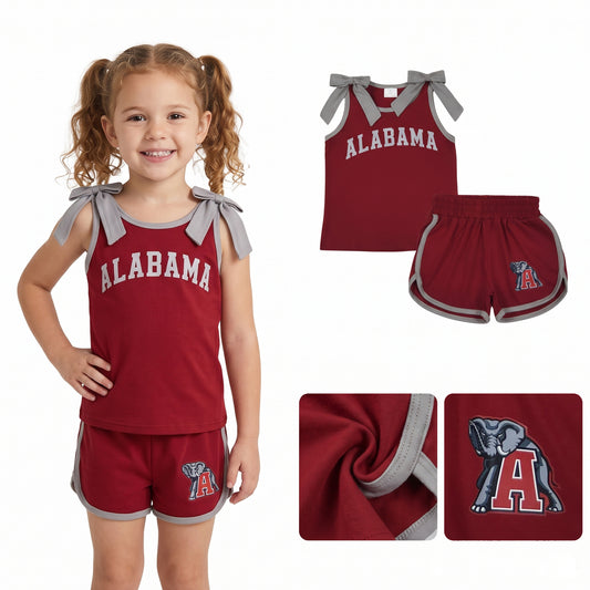 GSSO3831 Teams Alabama Vinyl Bows Wine Vest Top Pockets Shorts Girls Cotton Clothes Set
