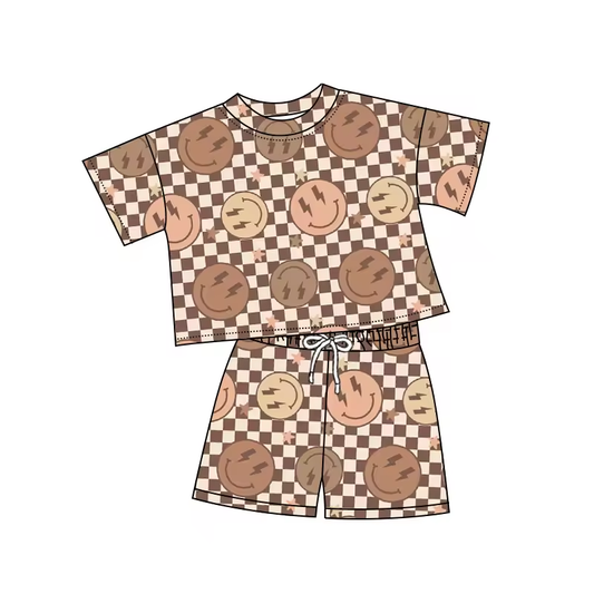(Custom Design Preorder MOQ 5) Smiling Plaid Brown Print Kids Summer Clothes Set