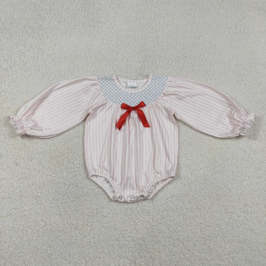 Baby Girls Pink Striped Valentines Long Sleeve Bubble Romper