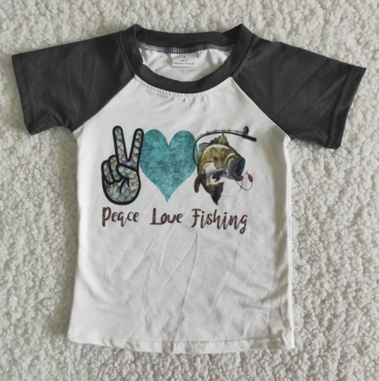 (Promotion)B17-3 Peace Love Fishing Boys Summer Short Sleeve Tee Shirts Top