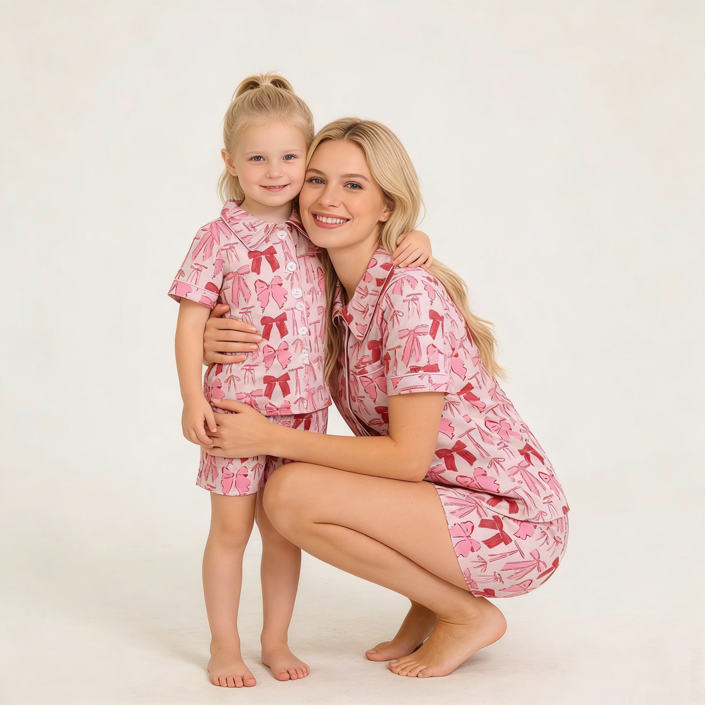 Mommy & Me Pink Bow Print Button-Up Pajama Set