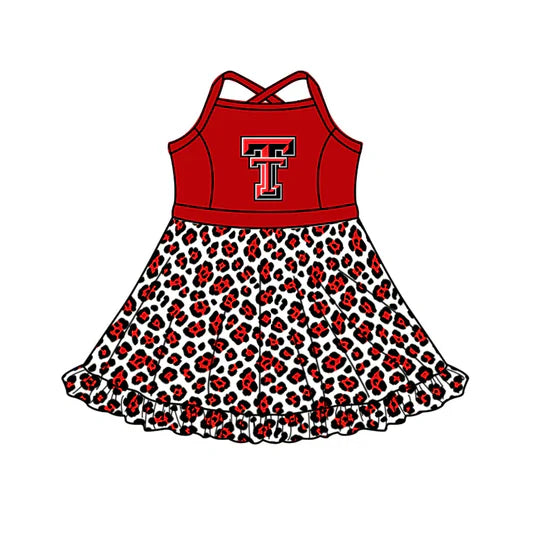 (Custom  Preorder MOQ 5) Baby Girls Strap Leopard TT Team Knee Length Dress